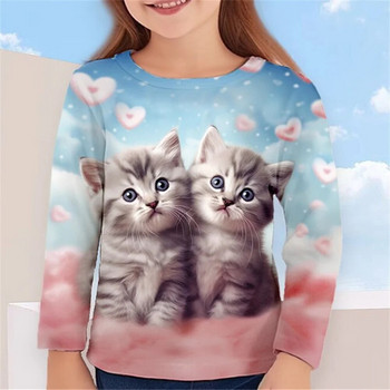 2023 Φθινοπωρινά Παιδικά Ρούχα για Κορίτσια Ζώο μπλουζάκι με γάτα με μακρυμάνικο τρισδιάστατο τύπωμα για παιδιά 3-12 ετών Ρούχα χαριτωμένα μπλουζάκια