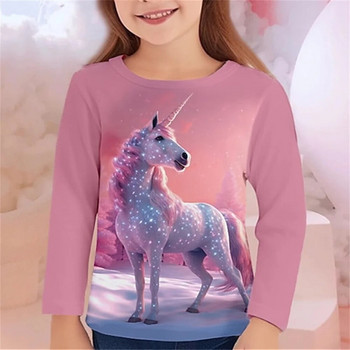 Дрехи Детски горнища за момичета Кон Ежедневна Есен 2023 Нова модна тениска Едно парче Цветна тениска с дълъг ръкав Детски тениски с животни