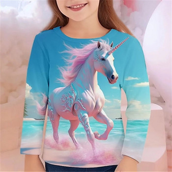 Ρούχα Παιδικά μπλουζάκια για κορίτσια με άλογο Casual φθινόπωρο 2023 Νέα μόδα μπλουζάκι μονοκόμματο μακρυμάνικο χρώμα Παιδικό μπλουζάκι με ζώα