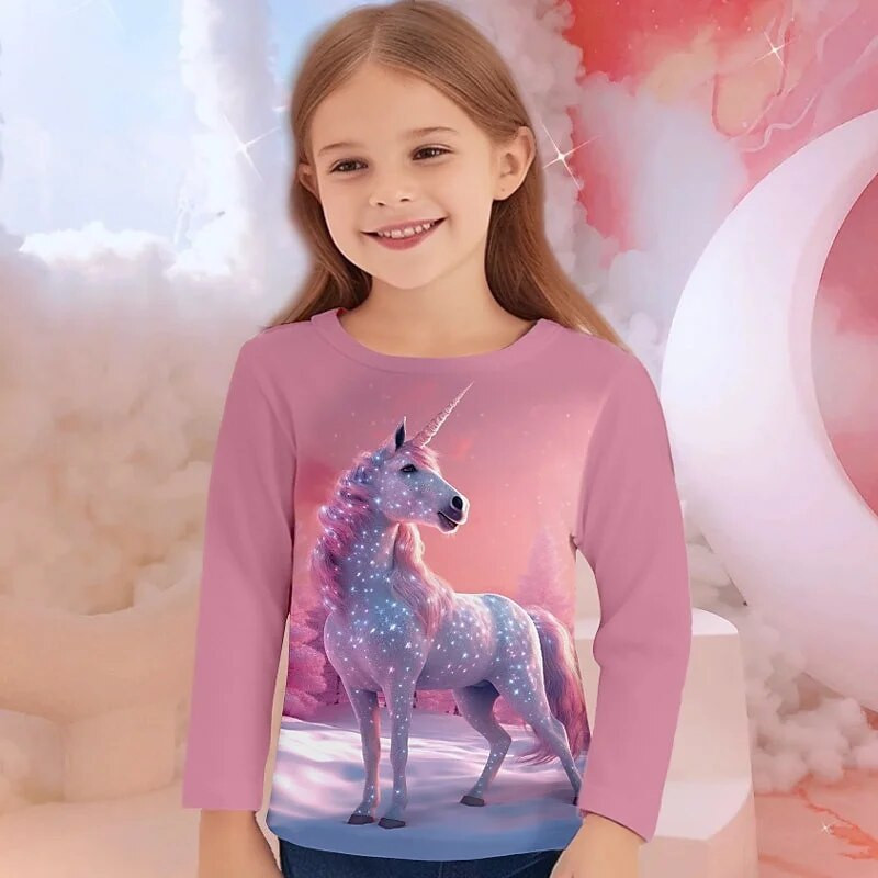 Meiteņu 3D raksta multfilma ar vienradža apdruku T-kreklu modes glīts rudens tops ar garām piedurknēm, kas piemērots ikdienas apģērbam meitenēm vecumā no 4 līdz 12 gadiem