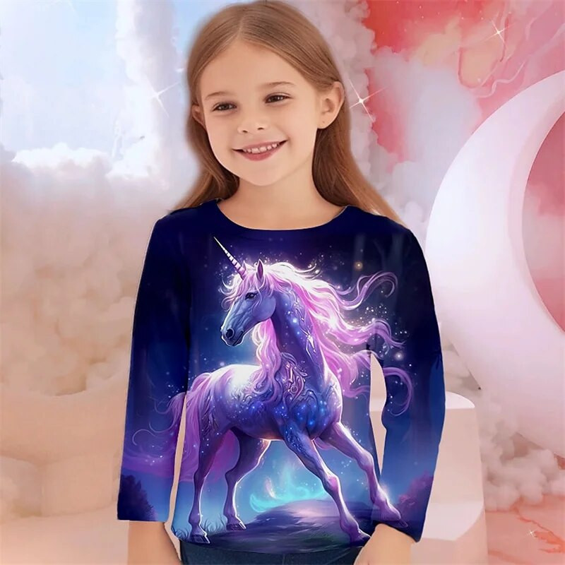 Meiteņu 3D raksta multfilma ar vienradža apdruku T-kreklu modes glīts rudens tops ar garām piedurknēm, kas piemērots ikdienas apģērbam meitenēm vecumā no 4 līdz 12 gadiem