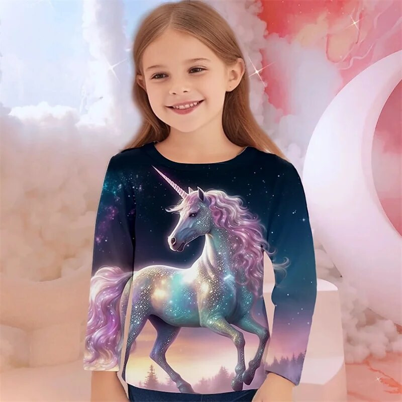 Meiteņu 3D raksta multfilma ar vienradža apdruku T-kreklu modes glīts rudens tops ar garām piedurknēm, kas piemērots ikdienas apģērbam meitenēm vecumā no 4 līdz 12 gadiem