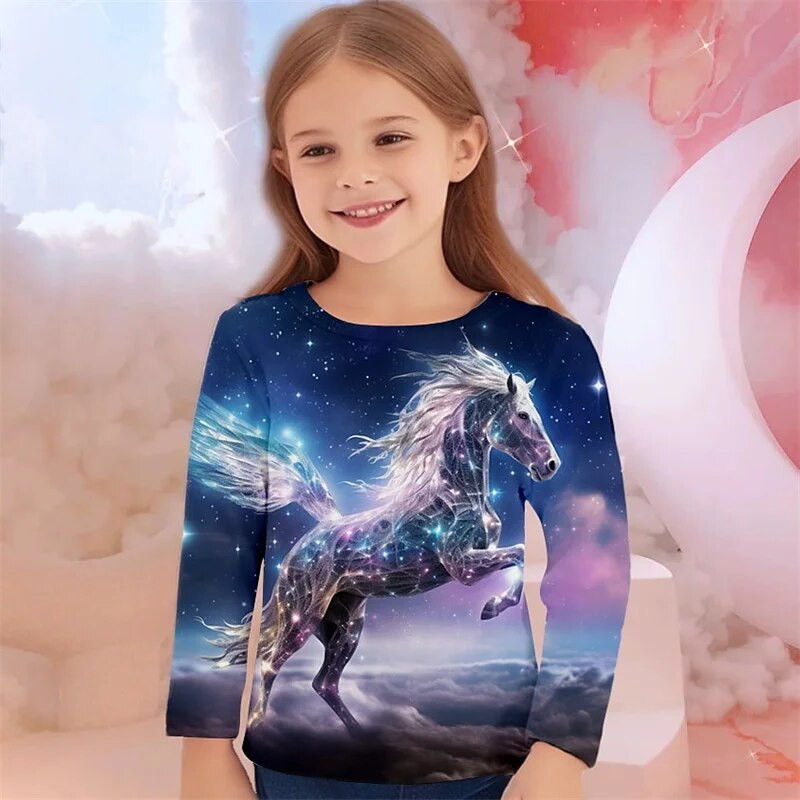 Meiteņu 3D raksta multfilma ar vienradža apdruku T-kreklu modes glīts rudens tops ar garām piedurknēm, kas piemērots ikdienas apģērbam meitenēm vecumā no 4 līdz 12 gadiem