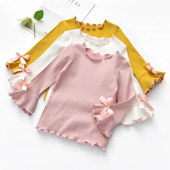 2023 Тениска за момичета Пролет Есен Baby Kid Flare Sleeve Bow-knot Ежедневна риза Детски памучни дрехи с дълъг ръкав за момичета Ново