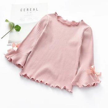 2023 Тениска за момичета Пролет Есен Baby Kid Flare Sleeve Bow-knot Ежедневна риза Детски памучни дрехи с дълъг ръкав за момичета Ново