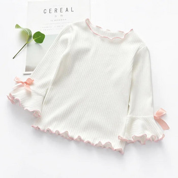 2023 Тениска за момичета Пролет Есен Baby Kid Flare Sleeve Bow-knot Ежедневна риза Детски памучни дрехи с дълъг ръкав за момичета Ново