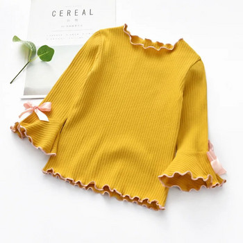 2023 Тениска за момичета Пролет Есен Baby Kid Flare Sleeve Bow-knot Ежедневна риза Детски памучни дрехи с дълъг ръкав за момичета Ново