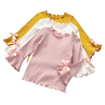 2023 Тениска за момичета Пролет Есен Baby Kid Flare Sleeve Bow-knot Ежедневна риза Детски памучни дрехи с дълъг ръкав за момичета Ново