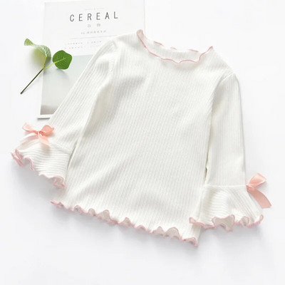2023 Tricou pentru fete, primăvară, toamnă, copil, mânecă evazată, cu nod cu fundă, cămașă casual pentru copii, din bumbac, cu mânecă lungă, haine pentru fete