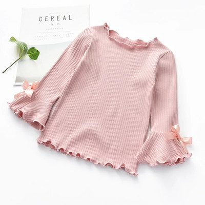 2023 Tricou pentru fete, primăvară, toamnă, copil, mânecă evazată, cu nod cu fundă, cămașă casual pentru copii, din bumbac, cu mânecă lungă, haine pentru fete
