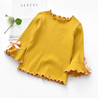 2023 Tricou pentru fete, primăvară, toamnă, copil, mânecă evazată, cu nod cu fundă, cămașă casual pentru copii, din bumbac, cu mânecă lungă, haine pentru fete