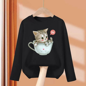 Aimi Lakana Kids Kitty Cat T-Shirt Горнища с дълъг ръкав за бебешки момичета Сладки дрехи с принт Пролет Есен Памучни тениски 3T-14T