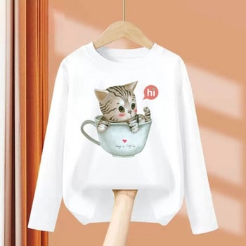 Aimi Lakana Kids Kitty Cat T-Shirt Горнища с дълъг ръкав за бебешки момичета Сладки дрехи с принт Пролет Есен Памучни тениски 3T-14T