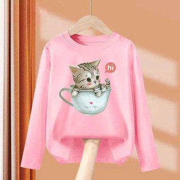 Aimi Lakana Kids Kitty Cat T-Shirt Горнища с дълъг ръкав за бебешки момичета Сладки дрехи с принт Пролет Есен Памучни тениски 3T-14T