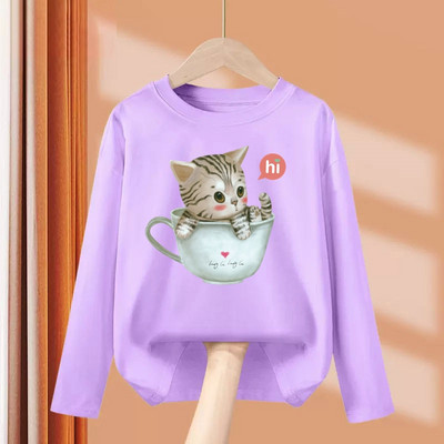 Aimi Lakana Kids Kitty Cat T-Shirt Baby Girls Long Sleeve Tops Cute Print Clothes Spring Autumn Cotton Tees 3T-14T