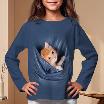 Τρισδιάστατο γραφικό μπλουζάκι γάτας για κορίτσια με μακρυμάνικο 3d εκτύπωση Φθινοπωρινό χαριτωμένα παιδιά 3-12 ετών καθημερινά καθημερινά ρούχα σε εξωτερικούς χώρους Παιδικά μπλουζάκια