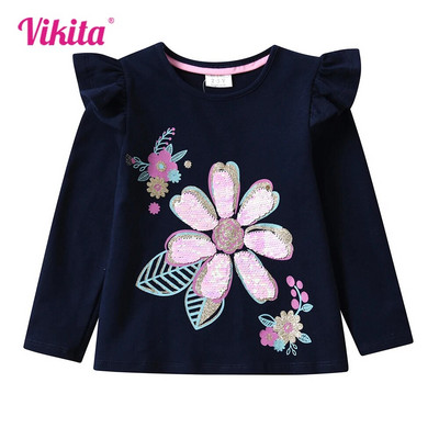 VIKITA Детски тениски с апликации с цветя и пайети, памучни ежедневни тениски и тениски с флорални ръкави за момичета