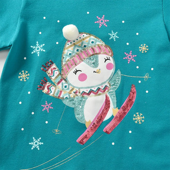 DXTON Girls Snowman Print Коледни новогодишни подаръци Тениска Детски памучни раирани ежедневни горнища и тениски с дълъг ръкав Детски дрехи