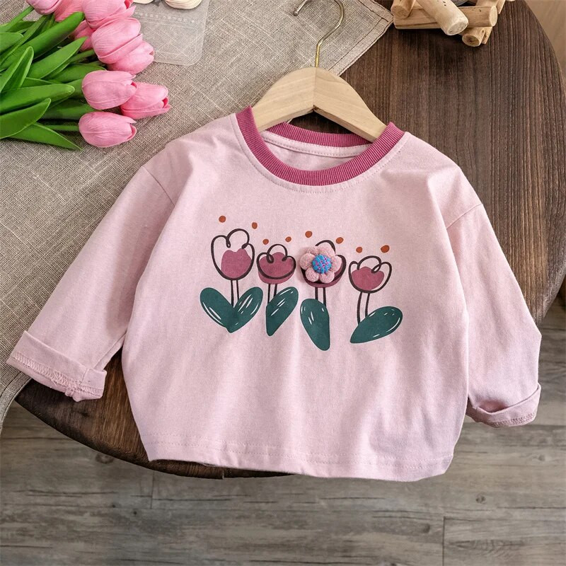 Meiteņu T-krekli ar apdruku ziedu topi bērniem ar garām piedurknēm bērnu blūze 2023. gada rudens Ziemas T-krekli Mazuļu tērpi Apģērbs