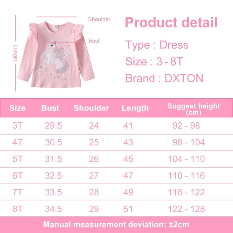 DXTON bērnu vienradzis multfilmas T krekls meitenēm apģērbi ar garām piedurknēm Pavasara ikdienas apģērba topi Maziem bērniem rozā trikotāžas bērnu apģērbi
