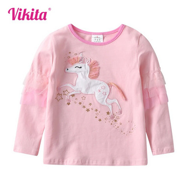 VIKITA Kids Pink Long Sleeve T Shirts Girls Unicorn Appliqued Cartoon T Shirt Kids Cotton Casual Autumn Spring Winter Tops Wear