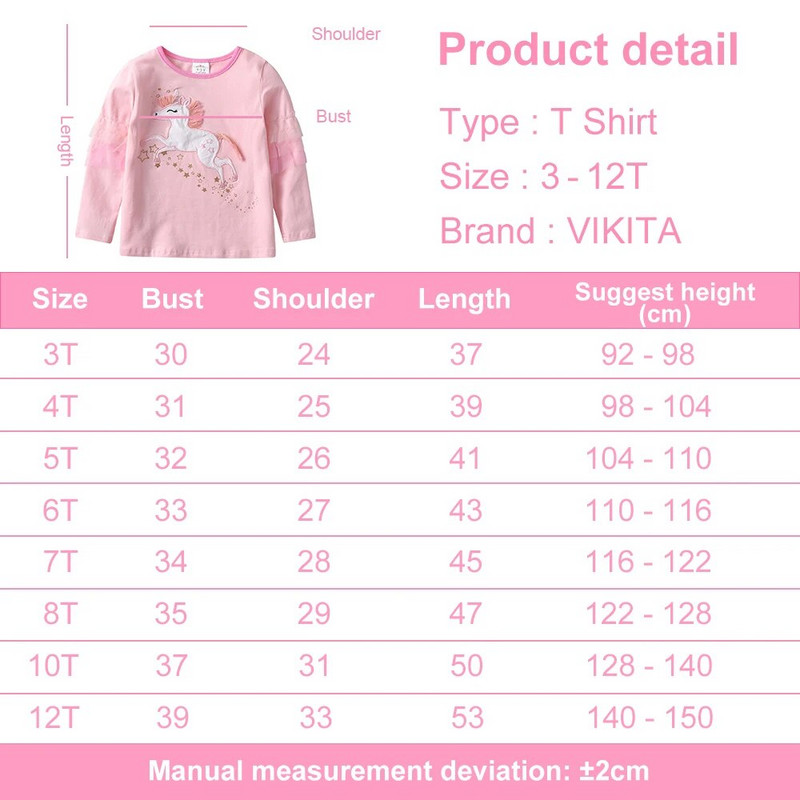 VIKITA Dječje ružičaste majice dugih rukava Jednorog majica kratkih rukava s apliciranim crtićima Dječja pamučna ležerna jesen proljeće zimska majica