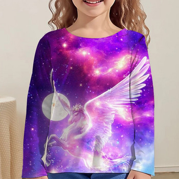 Rainbow Kawaii Розова тениска с дълъг ръкав за момичета Дрехи за тийнейджъри от 8 до 10 години 2023 Есен Детски горнища Дизайнерски 3d печат
