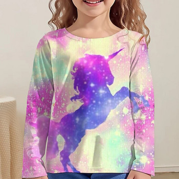 Rainbow Kawaii Розова тениска с дълъг ръкав за момичета Дрехи за тийнейджъри от 8 до 10 години 2023 Есен Детски горнища Дизайнерски 3d печат