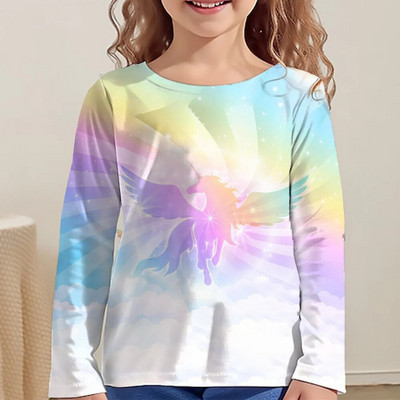 Rainbow Kawaii Розова тениска с дълъг ръкав за момичета Дрехи за тийнейджъри от 8 до 10 години 2023 Есен Детски горнища Дизайнерски 3d печат
