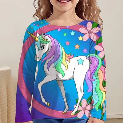 Rainbow Kawaii Розова тениска с дълъг ръкав за момичета Дрехи за тийнейджъри от 8 до 10 години 2023 Есен Детски горнища Дизайнерски 3d печат