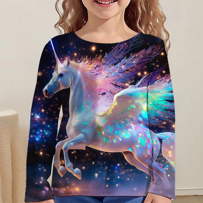 Rainbow Kawaii Розова тениска с дълъг ръкав за момичета Дрехи за тийнейджъри от 8 до 10 години 2023 Есен Детски горнища Дизайнерски 3d печат
