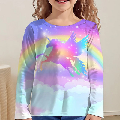 Rainbow Kawaii Розова тениска с дълъг ръкав за момичета Дрехи за тийнейджъри от 8 до 10 години 2023 Есен Детски горнища Дизайнерски 3d печат