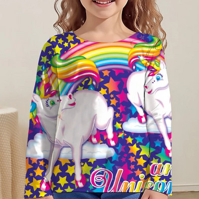Rainbow Kawaii Розова тениска с дълъг ръкав за момичета Дрехи за тийнейджъри от 8 до 10 години 2023 Есен Детски горнища Дизайнерски 3d печат