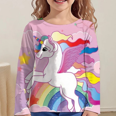 Rainbow Kawaii Розова тениска с дълъг ръкав за момичета Дрехи за тийнейджъри от 8 до 10 години 2023 Есен Детски горнища Дизайнерски 3d печат