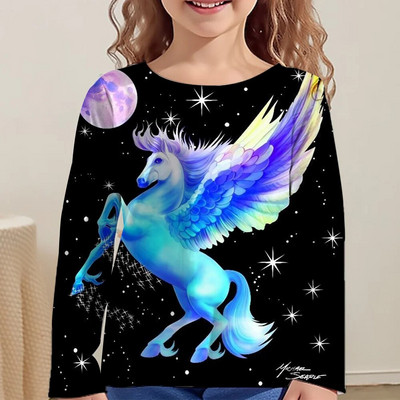 Rainbow Kawaii Розова тениска с дълъг ръкав за момичета Дрехи за тийнейджъри от 8 до 10 години 2023 Есен Детски горнища Дизайнерски 3d печат