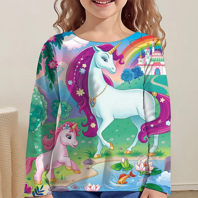 Rainbow Kawaii Розова тениска с дълъг ръкав за момичета Дрехи за тийнейджъри от 8 до 10 години 2023 Есен Детски горнища Дизайнерски 3d печат