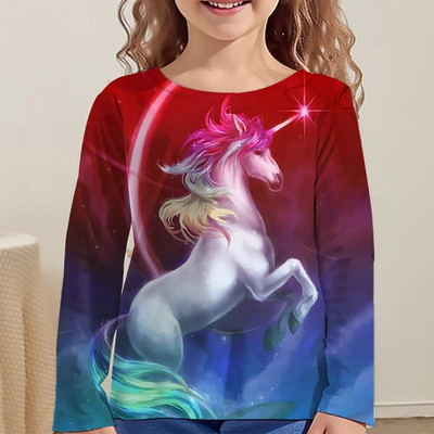 Rainbow Kawaii Розова тениска с дълъг ръкав за момичета Дрехи за тийнейджъри от 8 до 10 години 2023 Есен Детски горнища Дизайнерски 3d печат