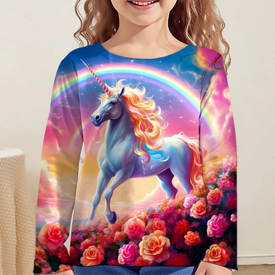 Rainbow Kawaii Розова тениска с дълъг ръкав за момичета Дрехи за тийнейджъри от 8 до 10 години 2023 Есен Детски горнища Дизайнерски 3d печат