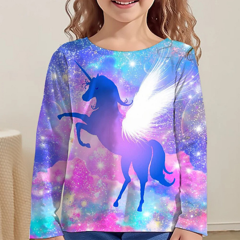 Rainbow Kawaii Розова тениска с дълъг ръкав за момичета Дрехи за тийнейджъри от 8 до 10 години 2023 Есен Детски горнища Дизайнерски 3d печат