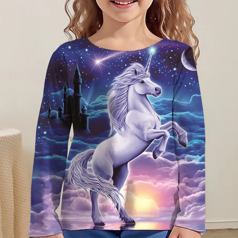 Rainbow Kawaii Розова тениска с дълъг ръкав за момичета Дрехи за тийнейджъри от 8 до 10 години 2023 Есен Детски горнища Дизайнерски 3d печат