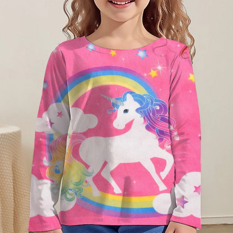 Rainbow Kawaii Розова тениска с дълъг ръкав за момичета Дрехи за тийнейджъри от 8 до 10 години 2023 Есен Детски горнища Дизайнерски 3d печат