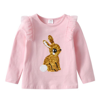 VIKITA Tricou cu mânecă lungă pentru copii, iepure, cu paiete, cu aplicații, desene animate, tricou roz pentru fete, din bumbac, îmbrăcăminte ocazională de top și tricouri