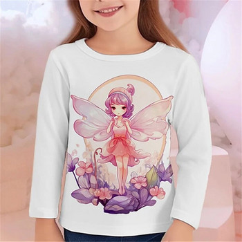 Корейски 2023 Есенни детски дрехи за момичета от 4 до 12 години Сладък анимационен Kawaii с дълъг ръкав Розова пеперуда Елф Тениски Детски топ
