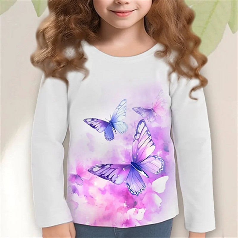 Korėjos 2023 m. rudens vaikų drabužiai mergaitėms nuo 4 iki 12 metų Mieli animaciniai filmukai Kawaii ilgomis rankovėmis rožiniai drugelio elfų marškinėliai vaikams