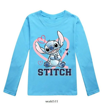 Disney Stitch Есенна мода Дълга тениска за момичета Детски тениски с къси ръкави Бебешки детски памучни горнища за момичета Дрехи 2-16 г. Подарък