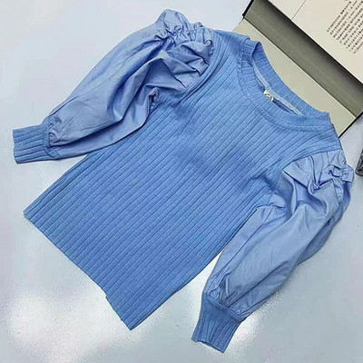 Tüdrukute puhvis varrukatega T-särk 2023. aasta kevad, uus lastemoodne pikkade varrukatega T-särk Beebi, kes kannab kudumit, laste tüdrukute särk