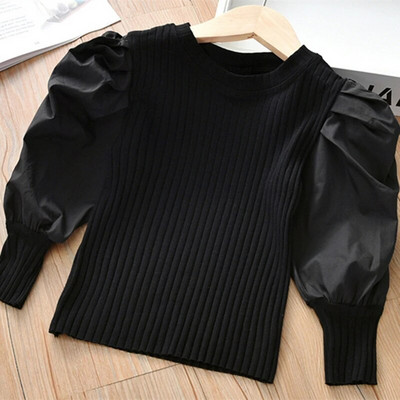 Tüdrukute puhvis varrukatega T-särk 2023. aasta kevad, uus lastemoodne pikkade varrukatega T-särk Beebi, kes kannab kudumit, laste tüdrukute särk