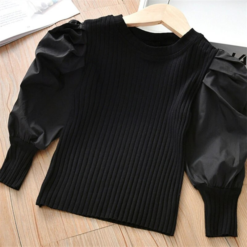 Tüdrukute puhvis varrukatega T-särk 2023. aasta kevad, uus lastemoodne pikkade varrukatega T-särk Beebi, kes kannab kudumit, laste tüdrukute särk