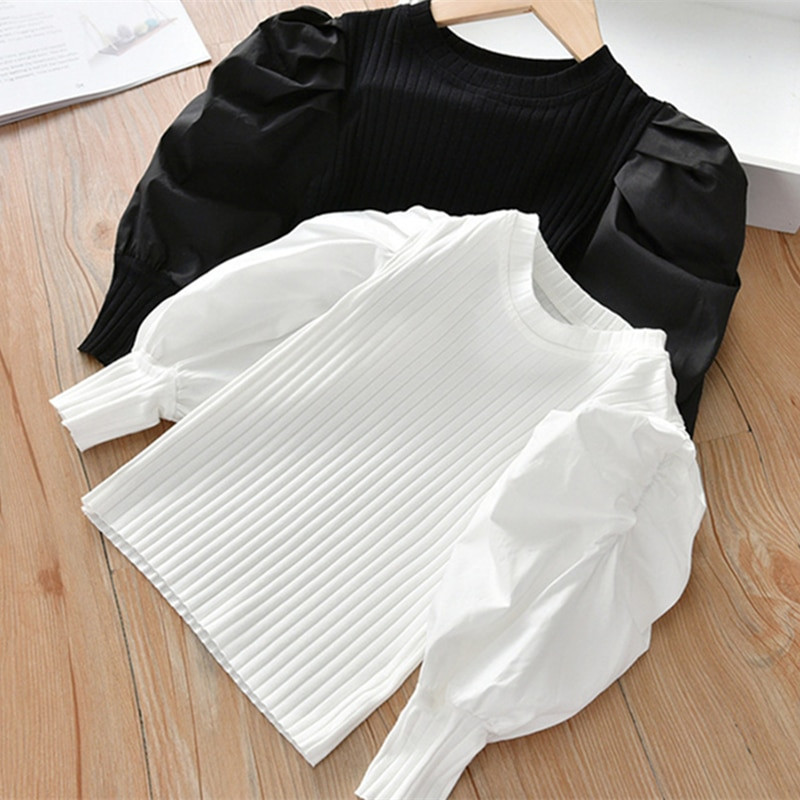 Tüdrukute puhvis varrukatega T-särk 2023. aasta kevad, uus lastemoodne pikkade varrukatega T-särk Beebi, kes kannab kudumit, laste tüdrukute särk