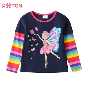 DXTON Тениска за малки момичета Есен Пролет Детски тениски с дълъг ръкав Флорални детски тениски за момичета Памучно облекло с пеперуди